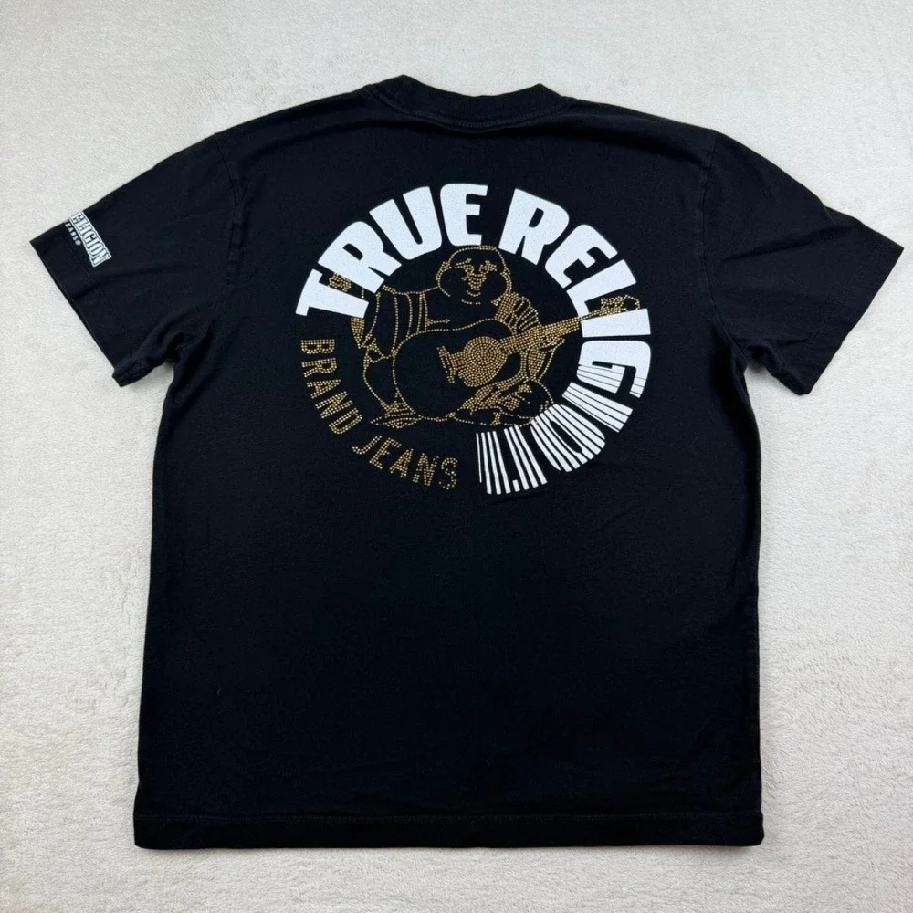 True Religion Mens Black Horseshoe Logo Graphic T-Shirt Medium Bling Jewels